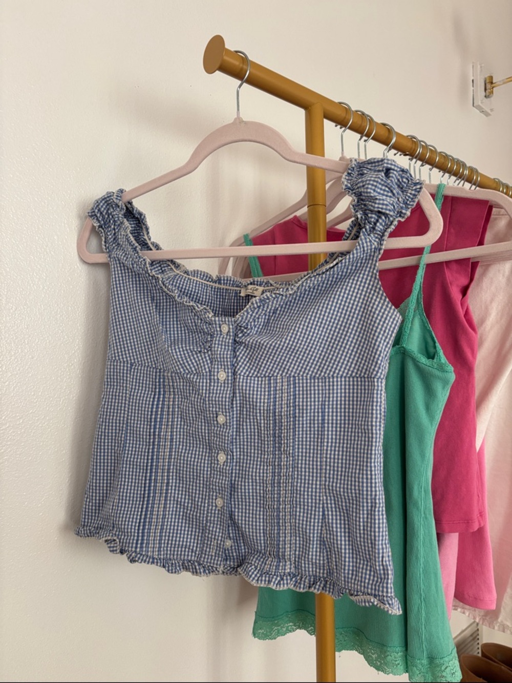 Brandy Melville Blue Gingham Ruffle Button-Front Tank